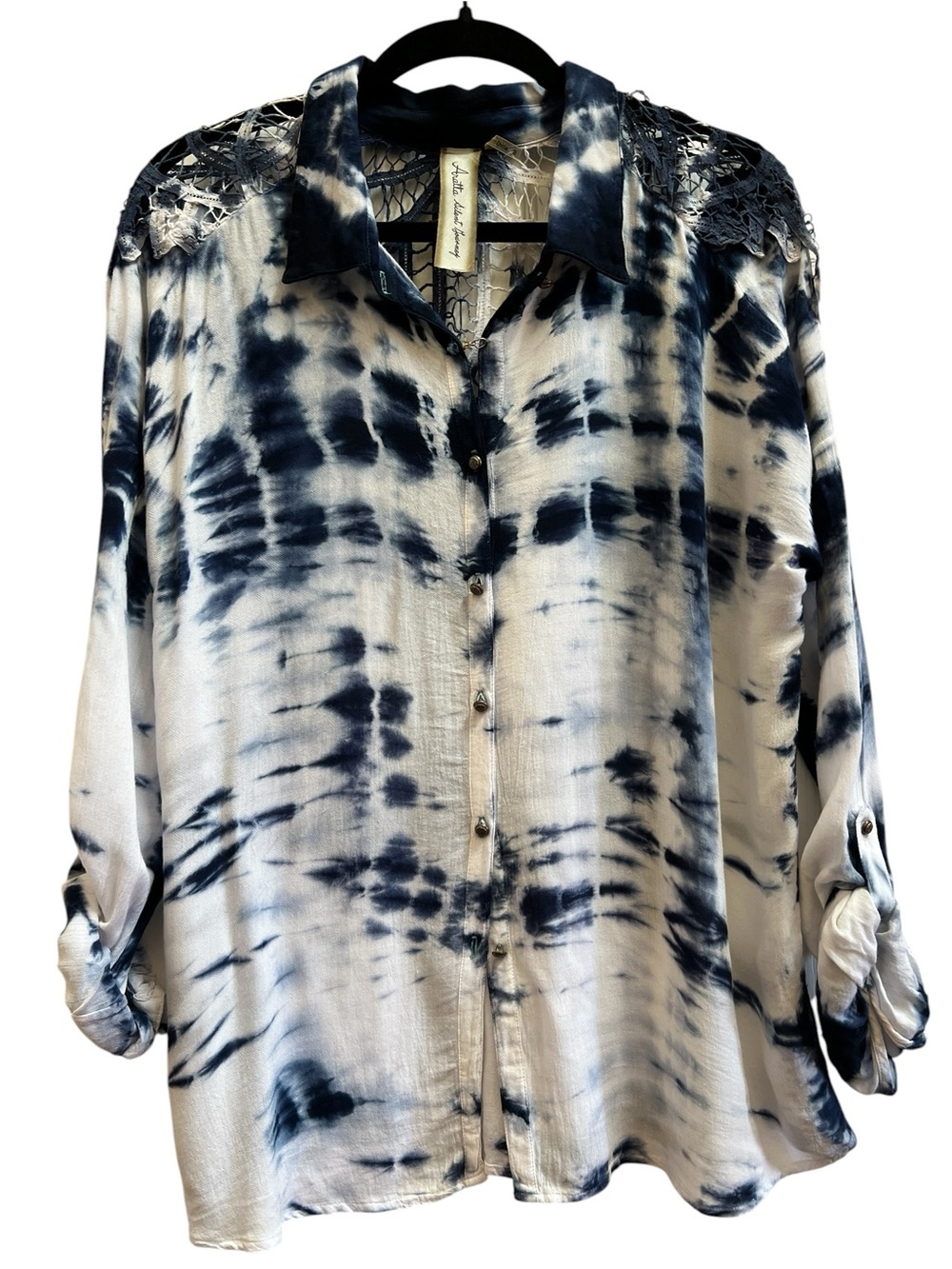 Aratta Silent Journey Tie Dye Lace Back Button Down Blouse M Boho Lagenlook - Picture 2 of 8